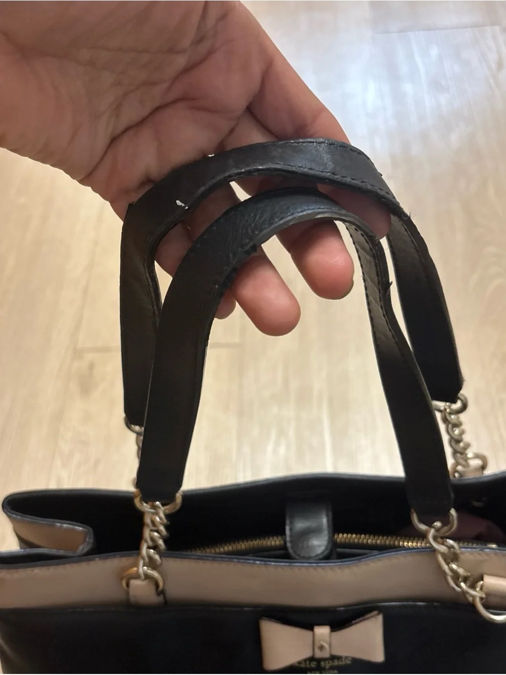 kate spade Black and Cream Leather Tote with Bow Accent